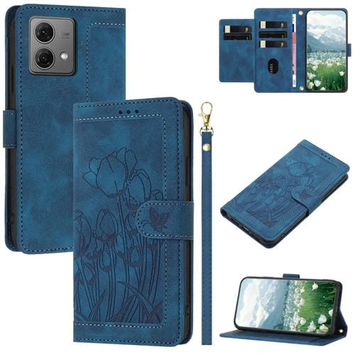 Funda de Cuero con Relieve de Tulipanes para Motorola Moto G84 con Cordón (Azul)