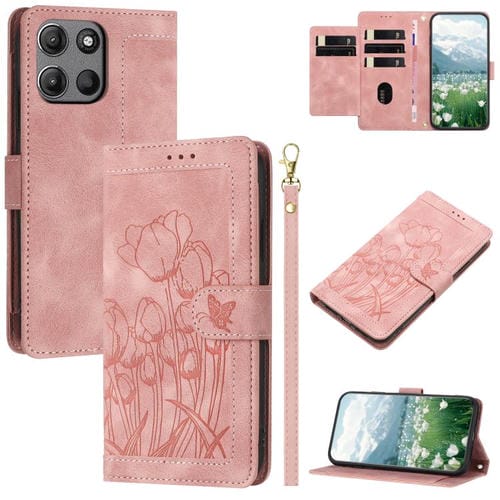 Funda de Piel con Relieve de Tulipanes para Motorola Moto G Play (2025) con Cordón (Rosa)