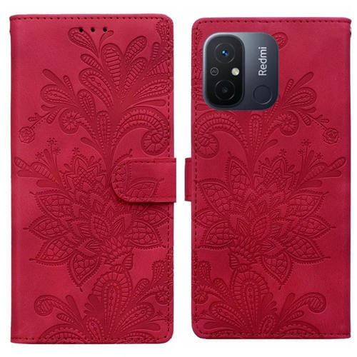 Funda de Teléfono con Hebilla Magnética y Encaje Floral En Relieve para Redmi 11A/12C (Rojo)