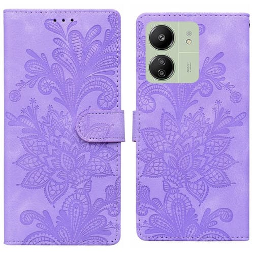 Funda de Teléfono con Hebilla Magnética de Pu con Encaje Floral En Relieve y Correa para la Muñeca para Redmi 14C (Morado)