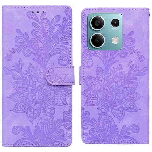 Funda de Teléfono con Hebilla Magnética y Encaje Floral En Relieve para Redmi Note 13 5G con Correa para la Muñeca (Morado)