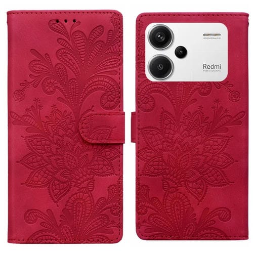 Funda de Teléfono con Hebilla Magnética de Pu con Encaje Floral En Relieve y Correa para la Muñeca para Redmi Note 13 Pro+ (Rojo)