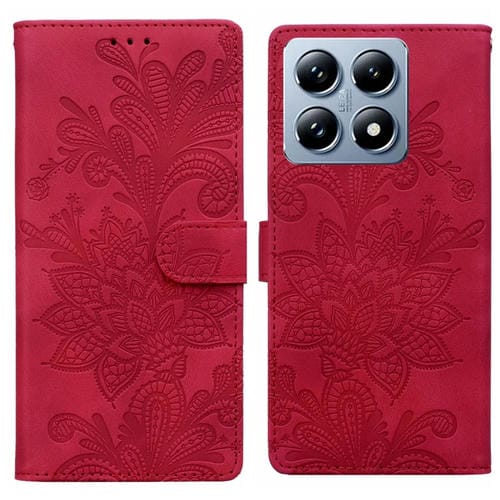 Funda de Cuero con Hebilla Magnética y Encaje Floral En Relieve para Xiaomi 14T Pro (Rojo)