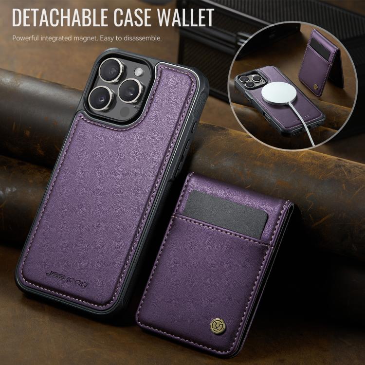 Funda de Pu para iPhone 15 Pro Jeehood J06 con Tarjetero Rfid Magsafe Estilo BritĂĄnico (Morado)