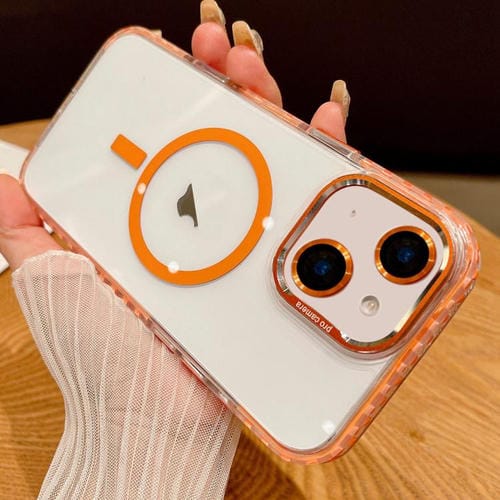 Funda para iPhone 15 Transparente con Protección Magsafe y Película para Lentes (Naranja)