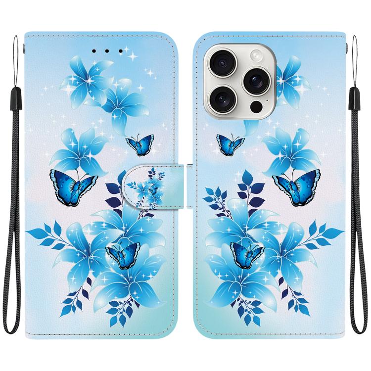 Funda de Cuero para iPhone 16 Pro Max con Dibujo de Colores y Textura de Cristal (Mariposas Azules)