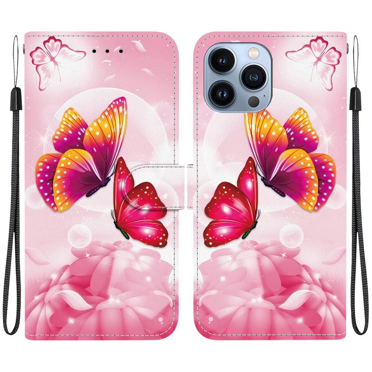 Funda de Cuero para iPhone 15 Pro Max con Dibujo de Colores y Textura de Cristal (Mariposas Rosas)