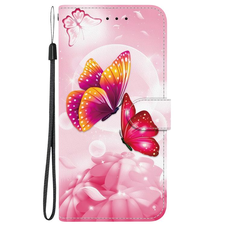 Funda de Cuero para iPhone 15 Pro Max con Dibujo de Colores y Textura de Cristal (Mariposas Rosas)