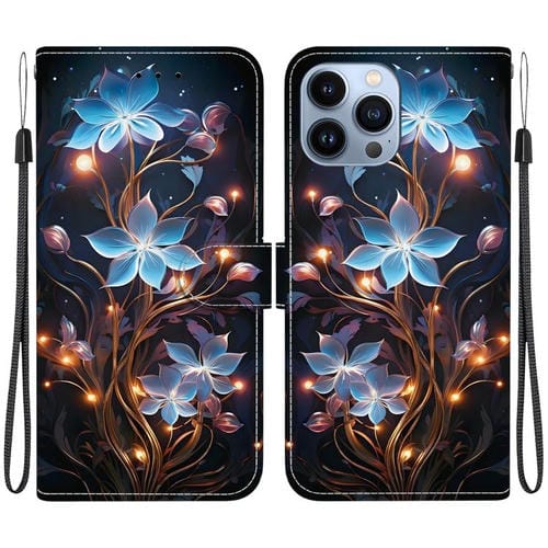 Funda de Cuero para iPhone 15 Pro con Dibujo de Colores y Textura de Cristal (Flor de Linterna Pequeña)