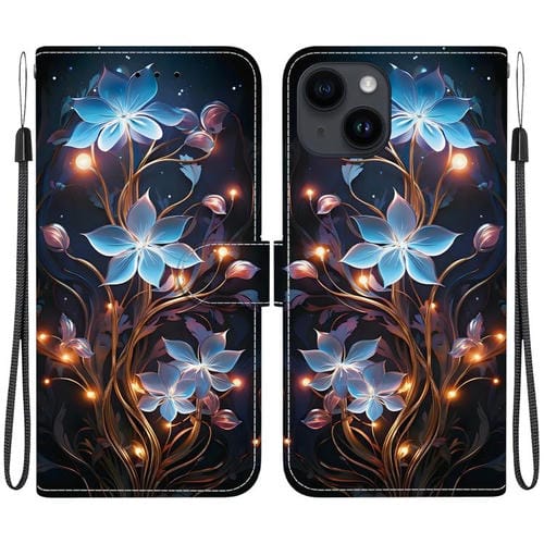 Funda de Cuero iPhone 15 Plus Dibujo Colores Textura Cristal (Flor de Linterna Pequeña)