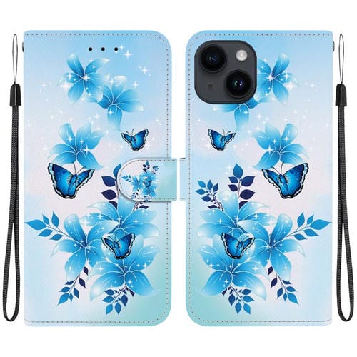 Funda de Cuero iPhone 14 Dibujo Colores Textura Cristal (Mariposas Azules)