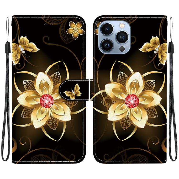 Funda de Cuero iPhone 14 Pro Max Dibujo Colores Textura Cristal (Flor Dorada)