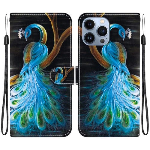 Funda de Cuero para iPhone 13 Pro con Dibujo de Colores y Textura de Cristal (Pavo Real)