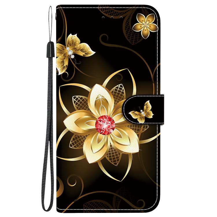 Funda de Cuero para iPhone 16E con Dibujo de Colores y Textura de Cristal (Flor Dorada)