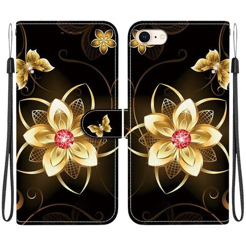Funda de Cuero para iPhone 7/8/SE 2022 con Dibujo de Colores y Textura de Cristal (Flor Dorada)