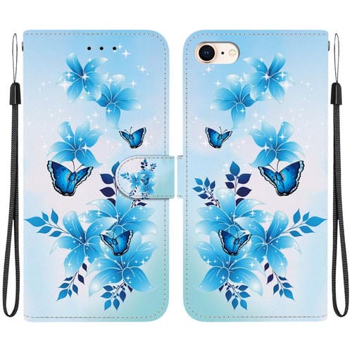 Funda de Cuero para iPhone 7/8/Se 2022 con Dibujo de Colores y Textura de Cristal (Mariposas Azules)