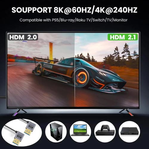 Cable HDMI 2.1 Coaxial en Espiral 0,7 m 8K 48 Gbps Puerto Codo Derecho a Derecho