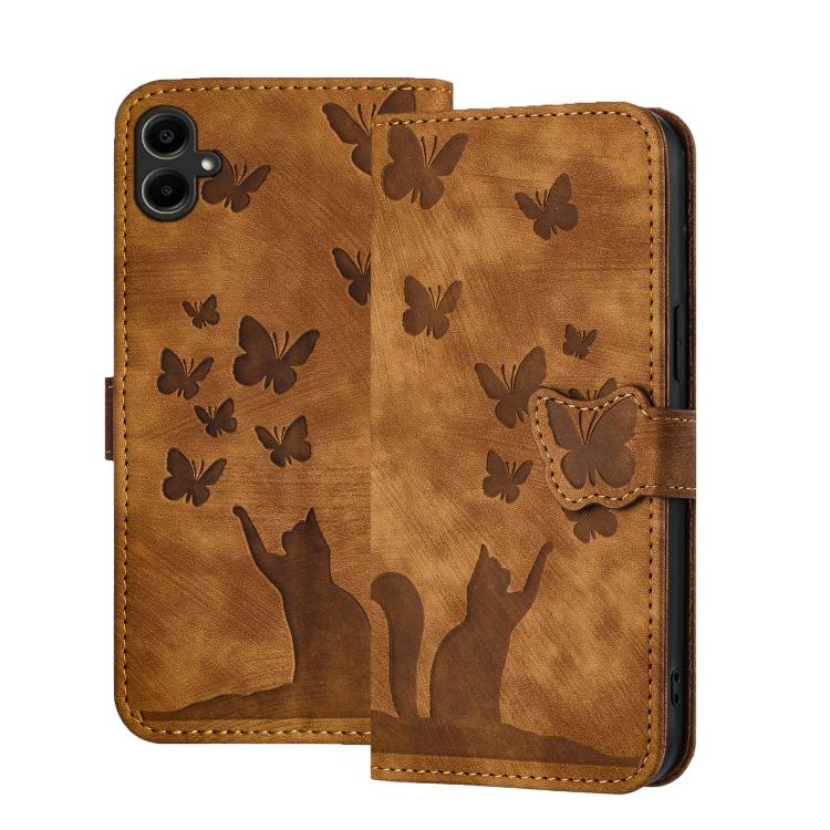 Funda de cuero con tapa y estampado de mariposa y gato para Samsung Galaxy A07 4G / A06 4G (marrĂłn)