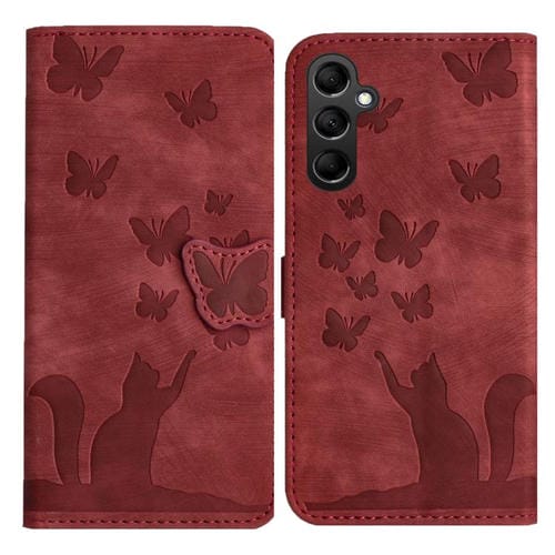 Funda de cuero con tapa y estampado de mariposa y gato para Samsung Galaxy A17 5G / A26 5G (roja)