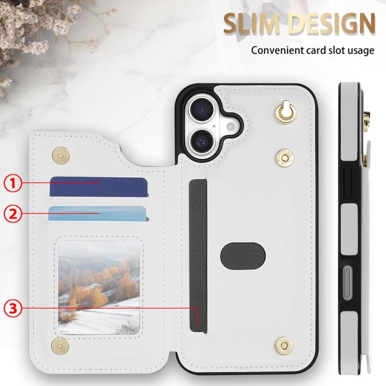 Estuche para Teléfono iPhone 16 Plus Ranuras para Tarjetas Hebilla Doble Rombal con Cordón (Blanco)