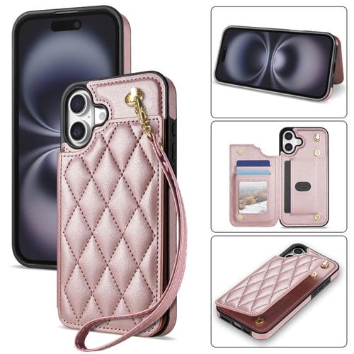Estuche para Teléfono iPhone 16 con Ranuras para Tarjetas y Hebilla Doble Rombal con Cordón (Oro Rosa)