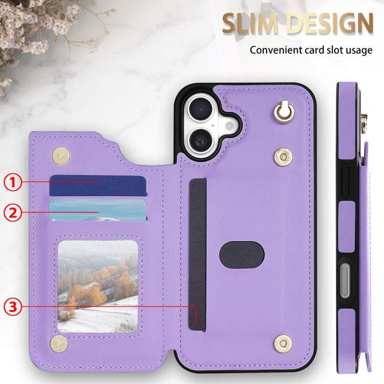 Estuche para Teléfono iPhone 16 Ranuras para Tarjetas Hebilla Doble Rombal con Cordón (Morado)