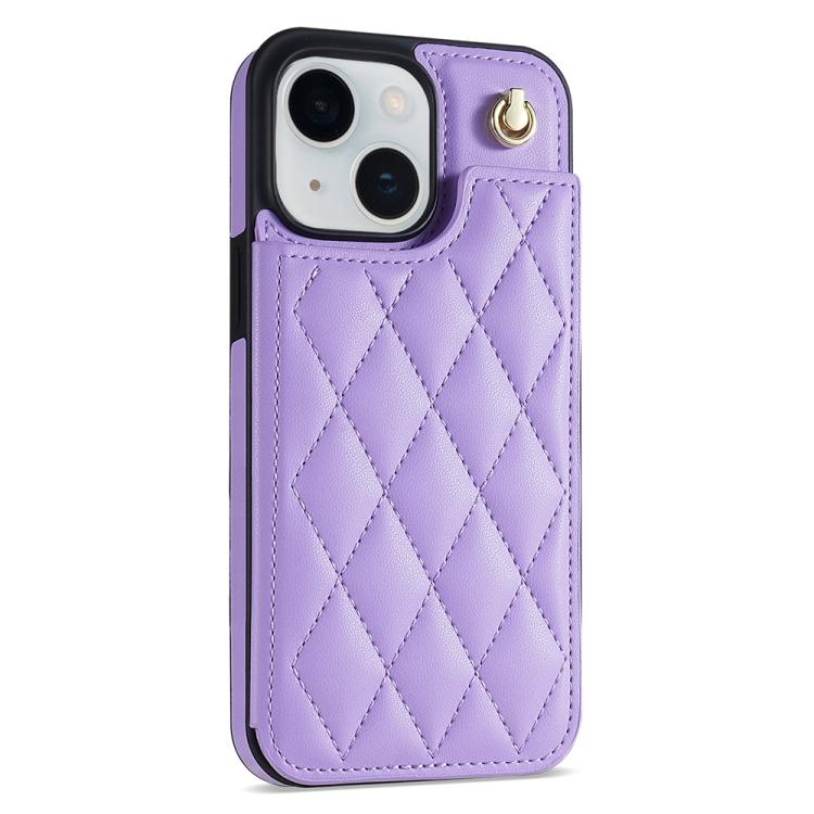 Estuche para Teléfono Rombal iPhone 15 Plus Ranuras Tarjetas Hebilla Doble Cordón (Morado)
