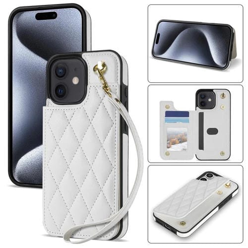 Funda para Teléfono iPhone 12/12 Pro Ranuras para Tarjetas Hebilla Doble Rombal con Cordón (Blanco)