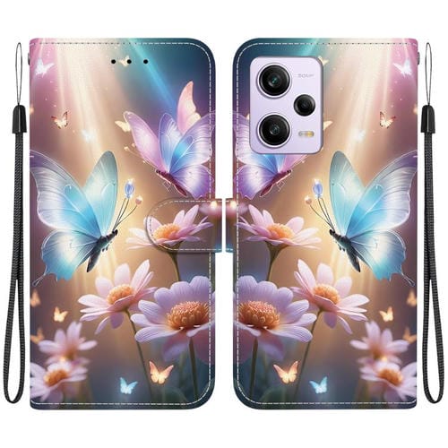 Funda de Teléfono de Cuero con Dibujo de Colores y Textura de Cristal para Redmi Note 12 Pro / Poco X5 Pro (Mariposa y Flor)