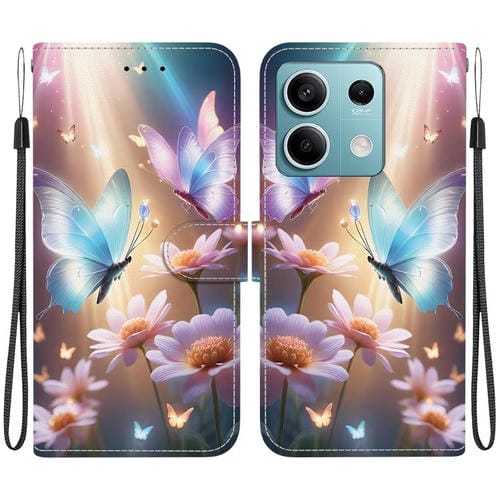 Funda de Cuero con Dibujo de Colores y Textura de Cristal para Redmi Note 13 5G (Mariposa, Amor y Flores)