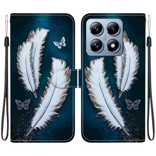 Funda de Cuero con Dibujo de Colores y Textura de Cristal para Xiaomi 14T Pro (Plumas de Mariposa Blancas)