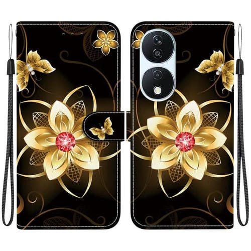 Funda de Cuero para Honor X7B y Play 50 Plus con Dibujo de Colores y Textura de Cristal (Flor Dorada)