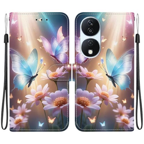 Funda de Cuero con Textura de Cristal y Dibujo para Honor X7B y Play 50 Plus (Mariposa, Amor y Flores)