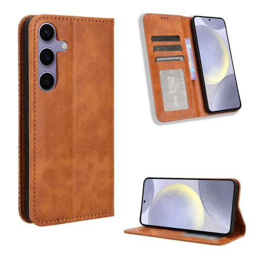 Funda de cuero con textura retro y hebilla magnética para Samsung Galaxy S25 FE 5G (marrón)