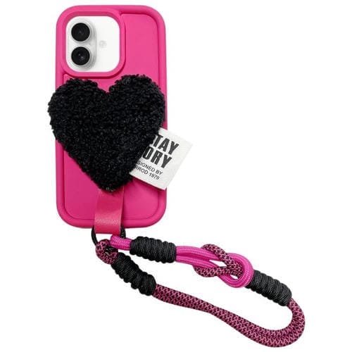 Funda para iPhone 16 Diseño Creativo Corazón de Peluche con Cordón (Rosa Rojo)