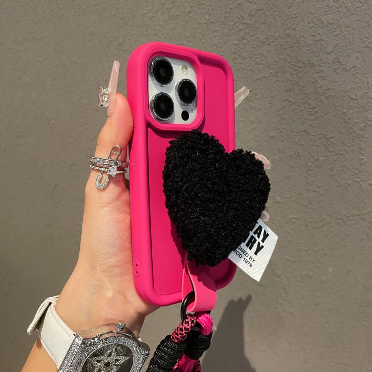 Funda para Teléfono iPhone 11 Pro Max Diseño Corazón Peluche con Cordón (Rosa Rojo)