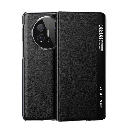 Funda de Cuero con Patrón de Lichi Galvanizado para Huawei Mate X6 con Ventana Inteligente y Magsafe (Negro)
