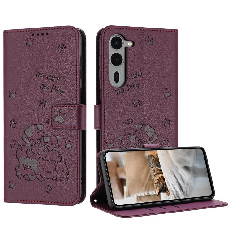 Funda de Cuero Fujitsu Arrows We2 F-52E con Diseño de Gatito en Relieve y Cordón (Rojo Vino)