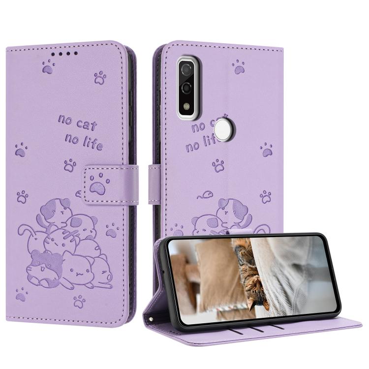 Funda de Cuero para Teléfono Fujitsu Arrows We F-51B con Cordón y Diseño de Gatito (Morado)