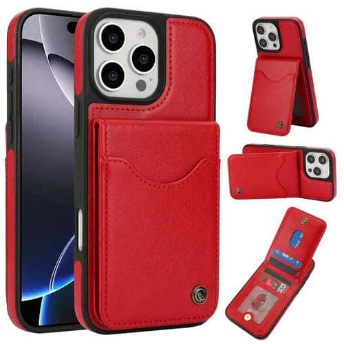 Funda de Cuero Awquer para iPhone 16 Pro Max con Tapa Vertical para Tarjetas y Soporte (Rojo)