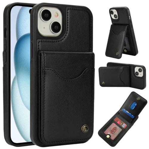 Funda de Cuero con Tapa Vertical para iPhone 15 Awquer con Tarjetero (Negro)