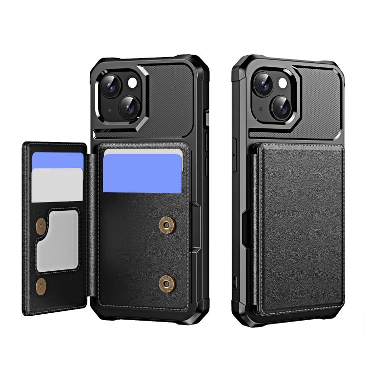 Funda de Cuero con Tapa Horizontal para iPhone 15 Plus con Tarjetero (Negro)