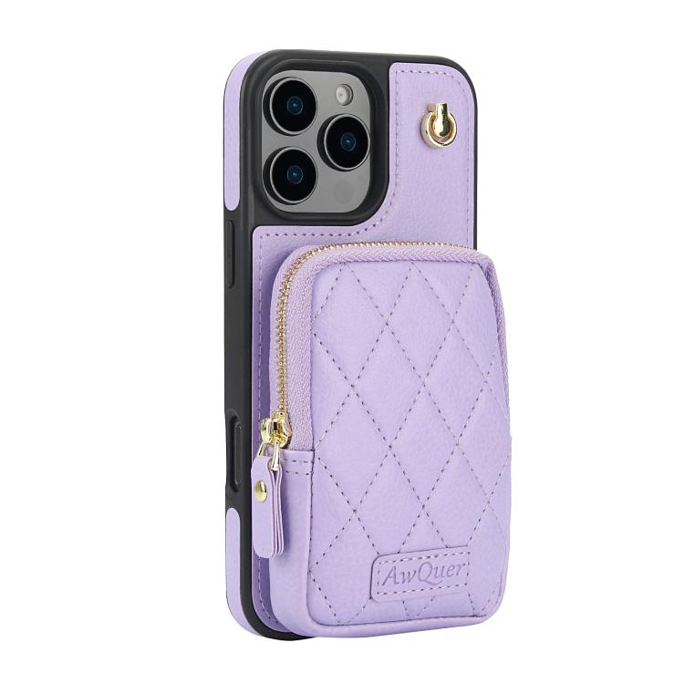 Funda para iPhone 16 Pro Awquer con Cremallera Cruzada Cartera Piel de Lichi (Morado Claro)
