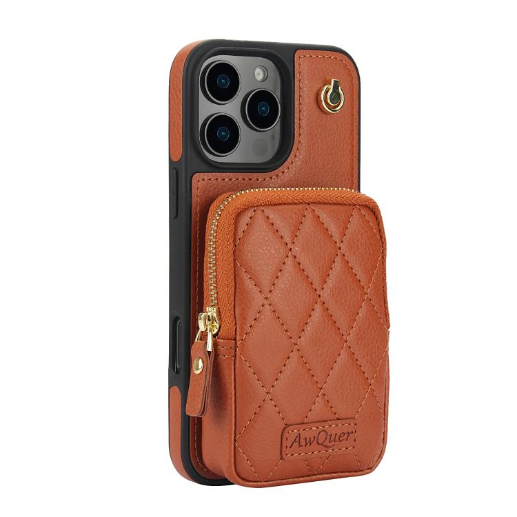 Funda para Teléfono Awquer iPhone 16 Pro Piel de Lichi Cremallera Cartera Cruzada (Marrón)