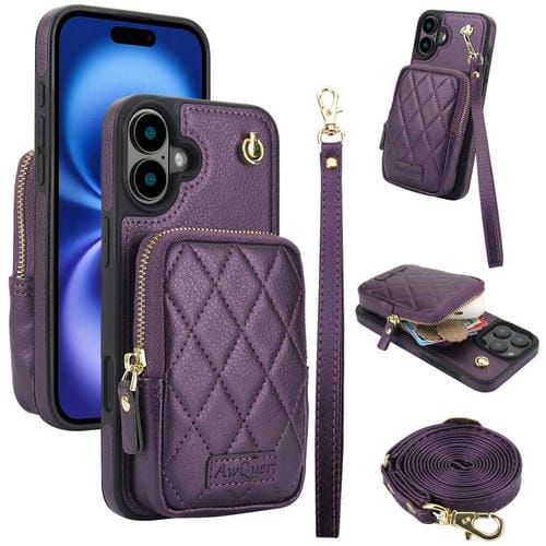 Funda para Teléfono Awquer iPhone 16 Plus Piel de Lichi Cremallera Cartera Cruzada (Morado Oscuro)
