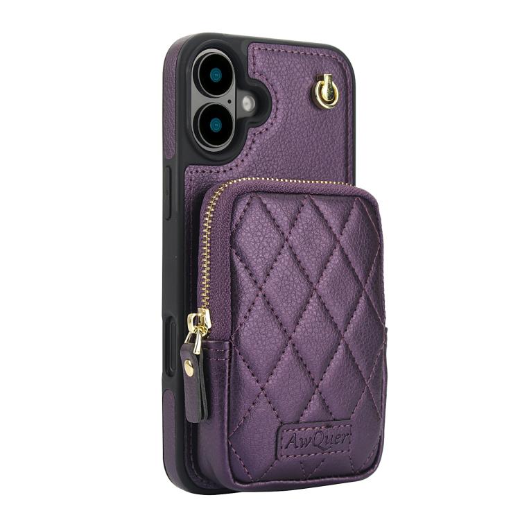 Funda para Teléfono Awquer iPhone 16 Plus Piel de Lichi Cremallera Cartera Cruzada (Morado Oscuro)