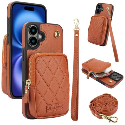 Funda para Teléfono Awquer iPhone 16 Plus Piel de Lichi Cremallera Diseño Cruzado (Marrón)