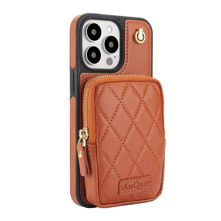 Funda de Teléfono Awquer Crossbody Zipper Wallet Bag para iPhone 15 Pro Max de Cuero de Lichi (Marrón)