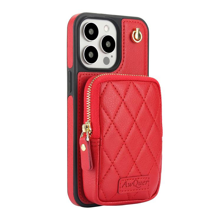 Funda de Teléfono Awquer Crossbody Zipper Wallet Bag para iPhone 15 Pro Cuero de Lichi (Rojo)