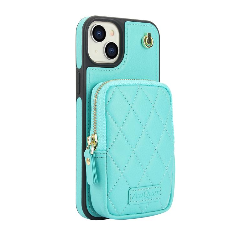 Funda para Teléfono Awquer iPhone 15 Plus Piel de Lichi Cremallera Cartera Cruzada (Verde Menta)